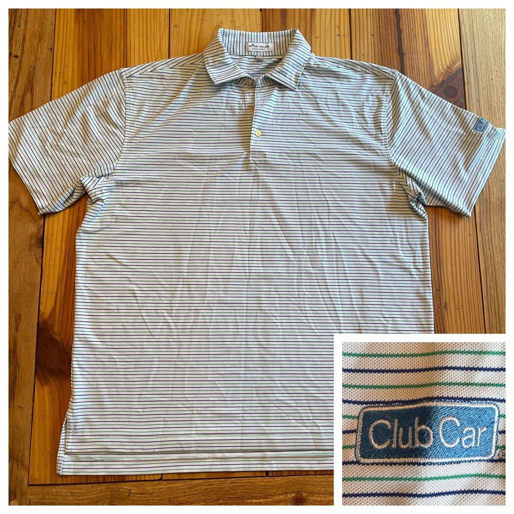 Peter Millar Summer Comfort Club Car Blue Green White Striped Polo Size L